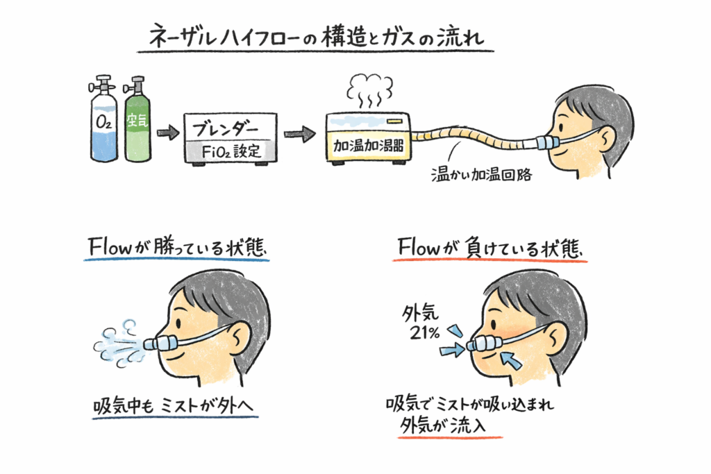 ネーザルハイフローの構造とガスの流れ。Flowが勝っているときと、負けているとき